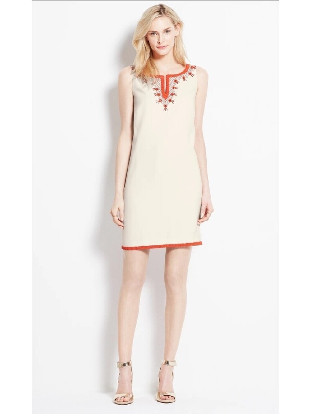 Ann Taylor White shift dress Orange beaded floral trim V-Neck Keyhole sz 4